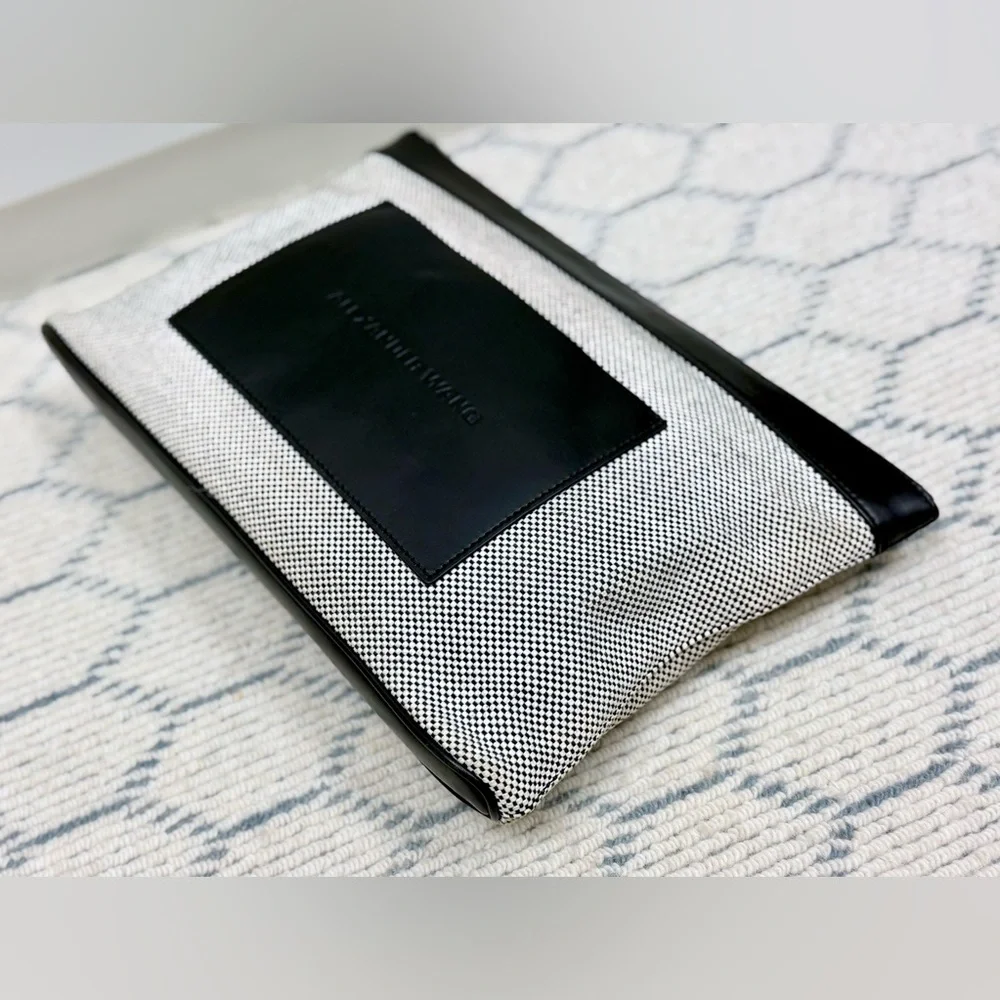 ALEXANDER WANG BLK/WHTE Woven Canvas Medium Pouch Clutch W/ BLK Leather Trim